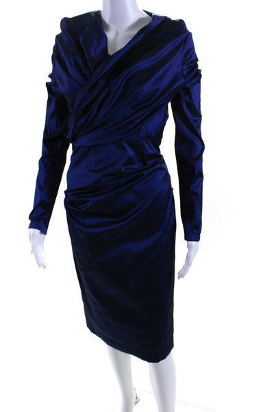 Talbot Runhof Womens Long Sleeve Taffeta Surplice Midi Sheath Dress Blue Size 8