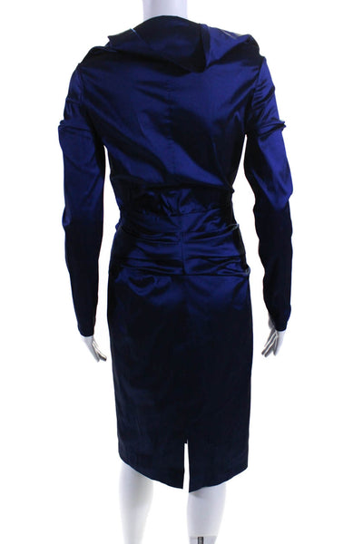 Talbot Runhof Womens Long Sleeve Taffeta Surplice Midi Sheath Dress Blue Size 8