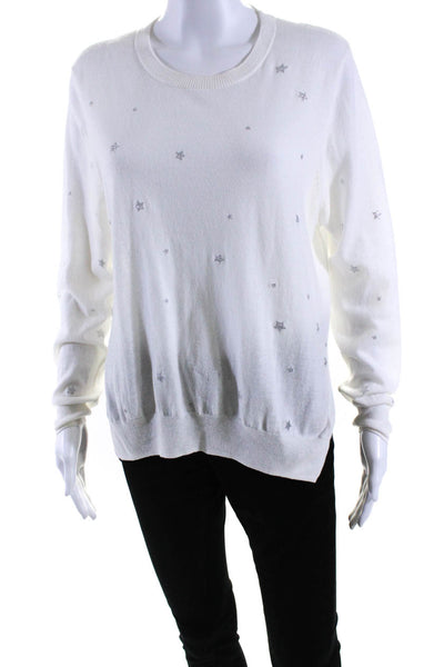 27 Miles Womens Glitter Star Thin Knit Crew Neck Sweater White Silver Size Small