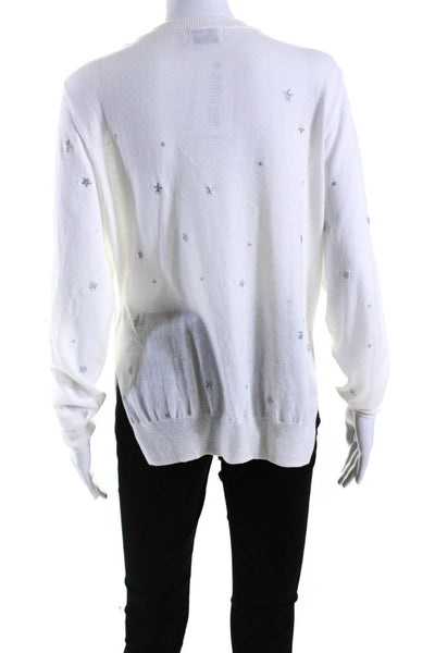 27 Miles Womens Glitter Star Thin Knit Crew Neck Sweater White Silver Size Small