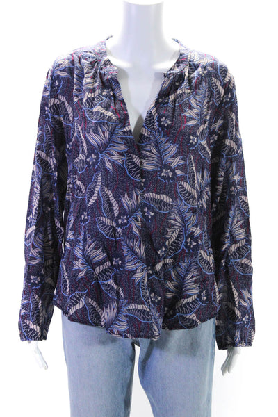 Xirena Womens Cotton Floral Print Long Sleeve V-Neck Tunic Shirt Top Blue Size M