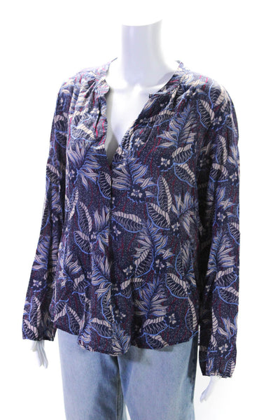 Xirena Womens Cotton Floral Print Long Sleeve V-Neck Tunic Shirt Top Blue Size M