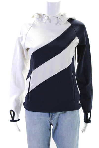 Tory Sport Womens Striped Long Sleeves Hoodie White Navy Blue Size Small