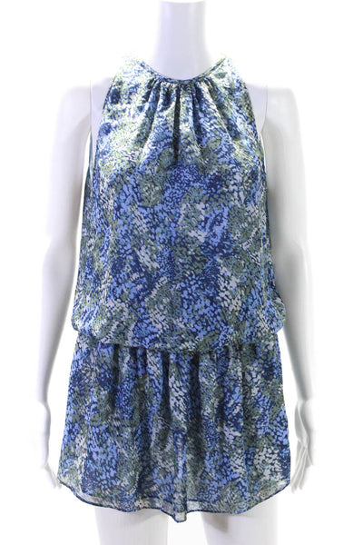 Ramy Brook Womens Sleeveless Smocked Printed Silk Dress Blue Green Size Small