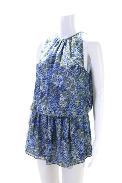 Ramy Brook Womens Sleeveless Smocked Printed Silk Dress Blue Green Size Small