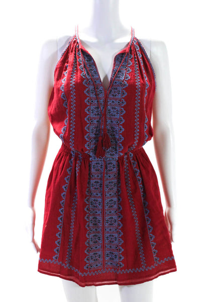 Joie Womens Sleeveless V Neck Embroidered Mini Dress Red Blue Cotton Size XS