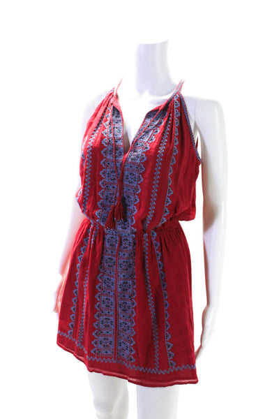 Joie Womens Sleeveless V Neck Embroidered Mini Dress Red Blue Cotton Size XS