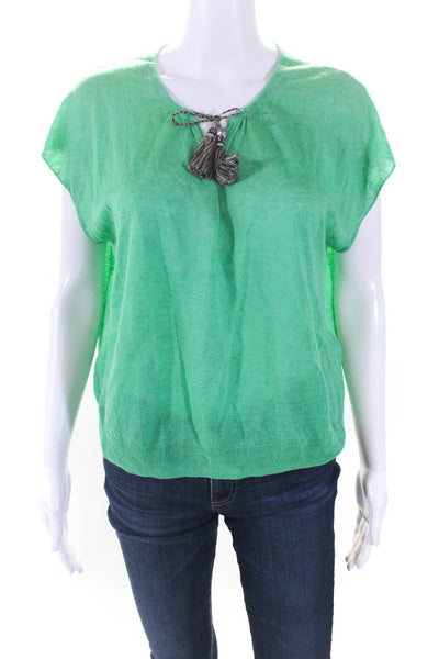 Zadig & Voltaire Womens Linen Blend V-Neck Short Sleeve Blouse Top Green Size S