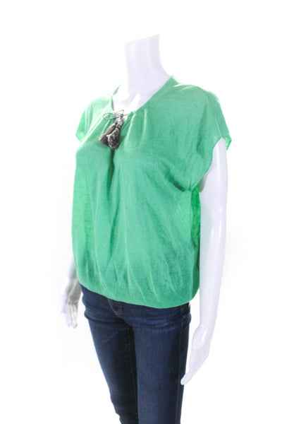 Zadig & Voltaire Womens Linen Blend V-Neck Short Sleeve Blouse Top Green Size S