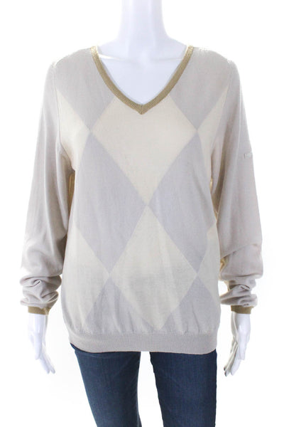 Burberry Golf Womens Merino Wool V-Neck Pullover Sweater Top Beige Size M