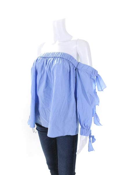 Milly Womens Cotton Blend Off The Shoulder Long Sleeve Blouse Top Blue Size L