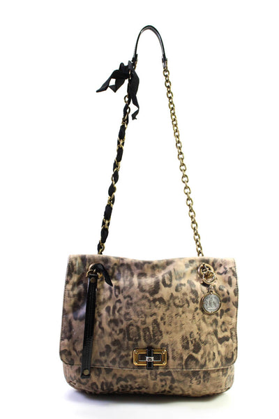 Lanvin Womens Leather Animal Print Crossbody Shoulder Handbag Brown Black