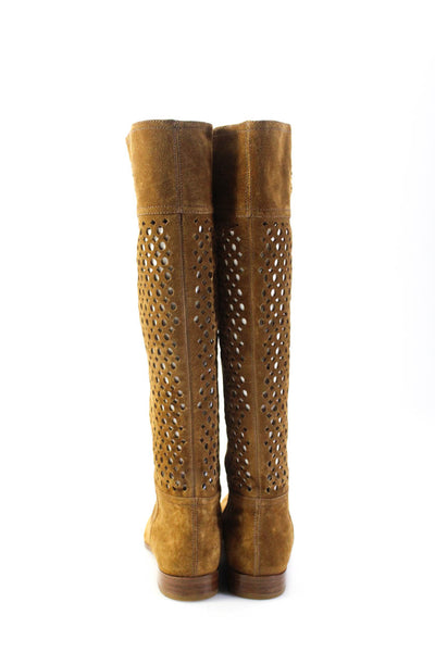 Prada Womens Laser Cut Knee High Flat Suede Pull On Boots Tan Size 37 7