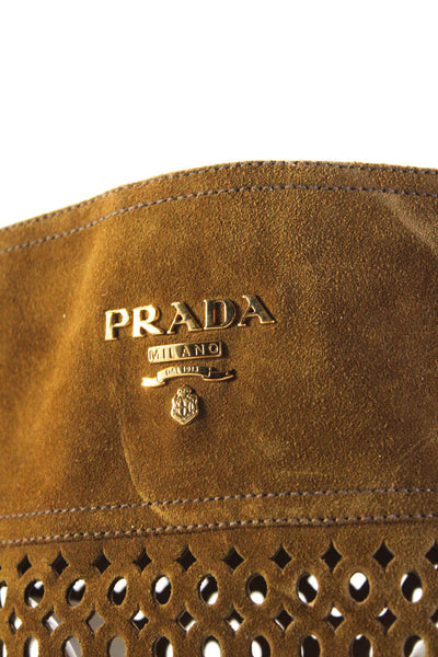 Prada Womens Laser Cut Knee High Flat Suede Pull On Boots Tan Size 37 7
