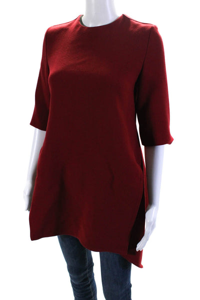 Marni Womens Red Crew Neck Zip Back 3/4 Sleeve Slits Tunic Blouse Top Size M