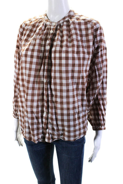 The Great Womens Brown Plaid Cotton Crew Neck Long Sleeve Blouse Top Size 00