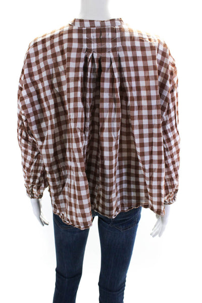 The Great Womens Brown Plaid Cotton Crew Neck Long Sleeve Blouse Top Size 00