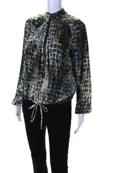 Lola & Sophie Womens Abstract Front Zip V Neck Top Blouse Blue Green Size Medium