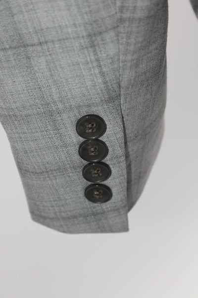 Calvin Klein Mens Wool Grid Print V-Neck Notch Collar Suit Jacket Gray Size 40R