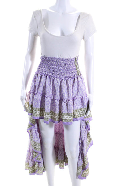 Sur La Plage Womens Smocked Floral High Low Midi Skirt Purple Green Size Medium