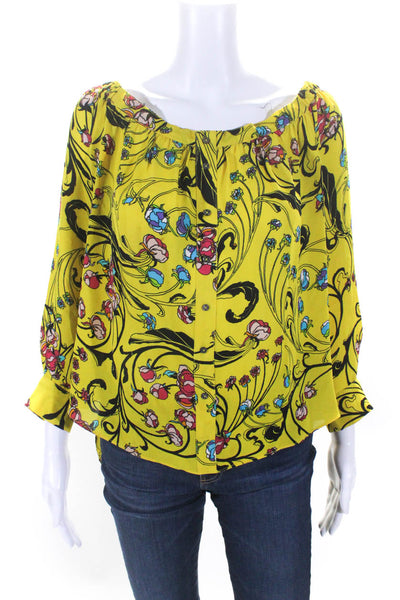 Nicole Miller Womens Silk Floral Print Off The Shoulder Blouse Top Yellow Size M