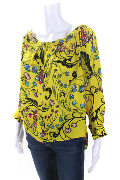 Nicole Miller Womens Silk Floral Print Off The Shoulder Blouse Top Yellow Size M