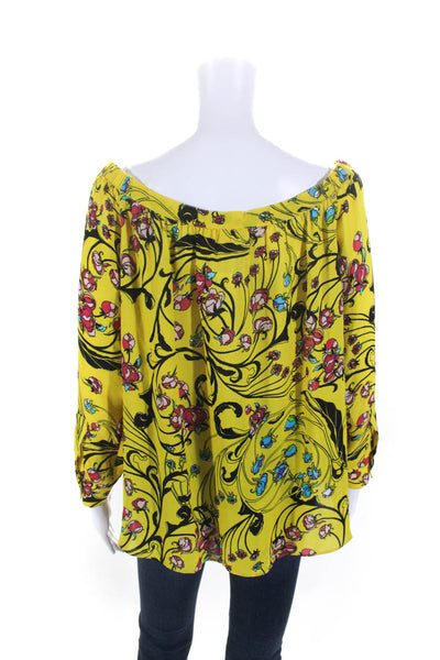 Nicole Miller Womens Silk Floral Print Off The Shoulder Blouse Top Yellow Size M