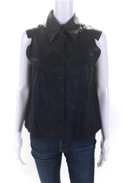 Krizia Womens Cotton Collared Sleeveless Button Up Blouse Top Navy Size 42