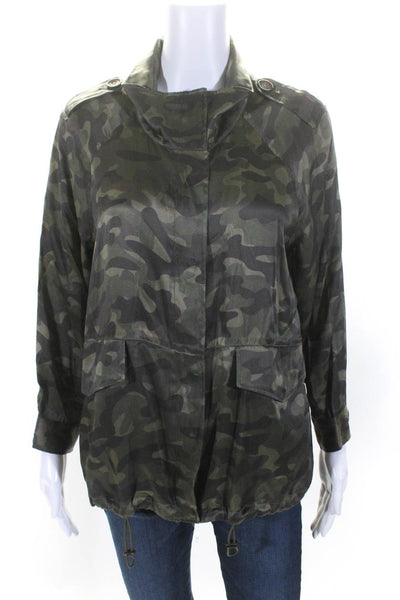 Cami Womens Silk Camouflage Print High Neck Zip Up Jacket Green Size S