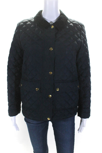J Crew Womens Quilted Collared Two Pocket Long Sleeve Zip Up Jacket Navy Size L