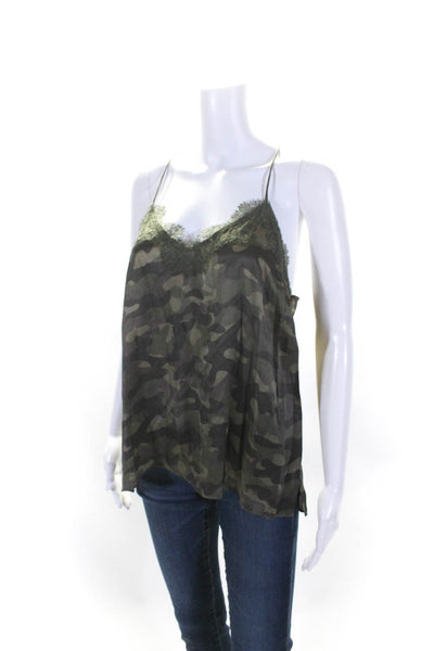 Cami NYC Womens Silk Camouflage Print Lace Trim V-Neck Tank Top Green Size M