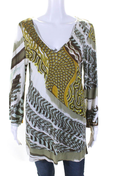 Emilio Pucci Womens Abstract Print V-Neck Long Sleeve Blouse Top White Size 10