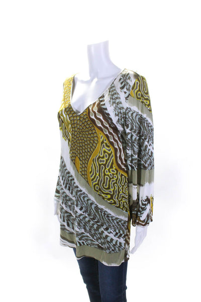 Emilio Pucci Womens Abstract Print V-Neck Long Sleeve Blouse Top White Size 10