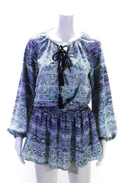 Ramy Brook Womens Long Sleeve Keyhole Smocked Printed Dress Blue Size Small