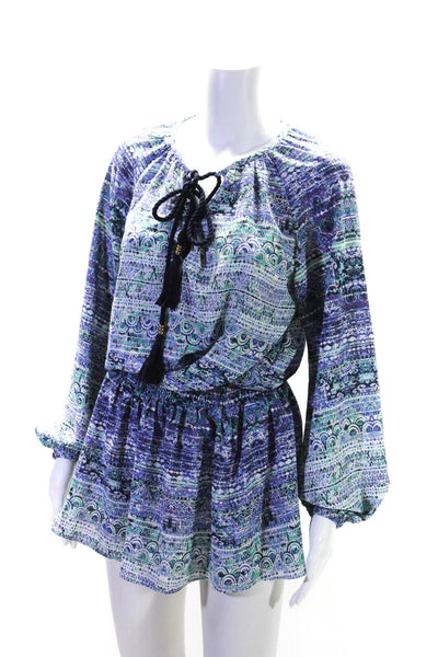 Ramy Brook Womens Long Sleeve Keyhole Smocked Printed Dress Blue Size Small