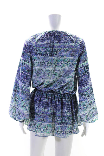 Ramy Brook Womens Long Sleeve Keyhole Smocked Printed Dress Blue Size Small