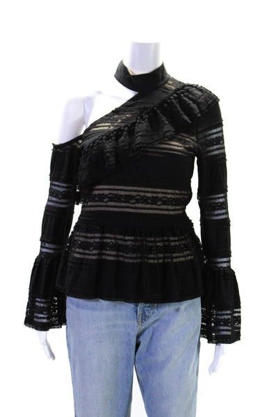 Parker Womens Long Sleeve One Shoulder Ruffle Lace Choker Blouse Black Size S