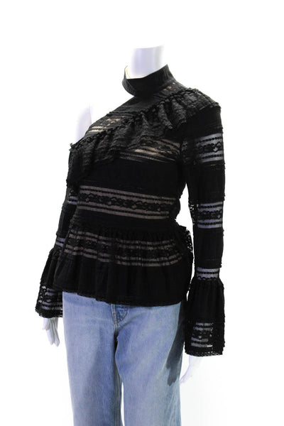 Parker Womens Long Sleeve One Shoulder Ruffle Lace Choker Blouse Black Size S