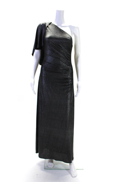 H By Halston Womens Metallic One Shoulder Gathered Slit Gown Gray Size XS