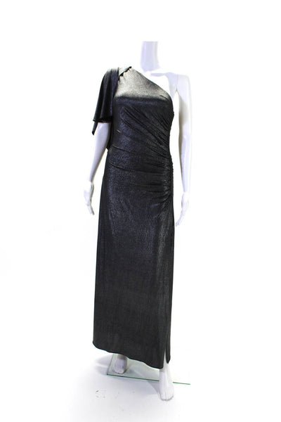 H By Halston Womens Metallic One Shoulder Gathered Slit Gown Gray Size XS