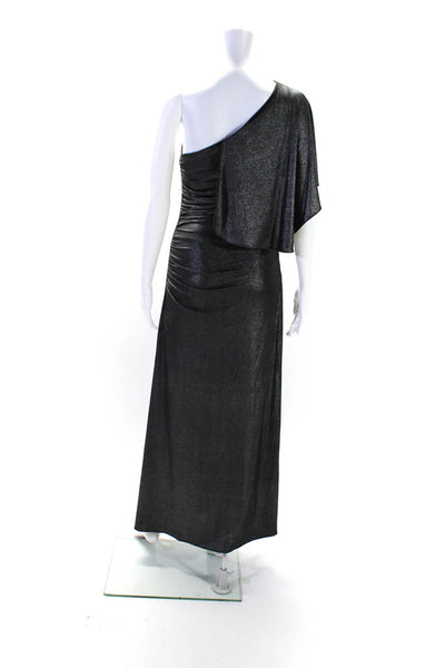 H By Halston Womens Metallic One Shoulder Gathered Slit Gown Gray Size XS