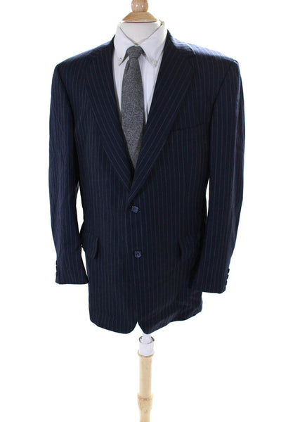 Hickey Freeman Mens Wool Striped Print Two Button Blazer Jacket Blue Size 46