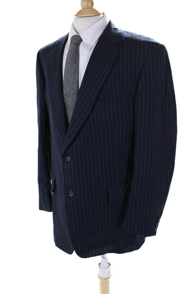 Hickey Freeman Mens Wool Striped Print Two Button Blazer Jacket Blue Size 46