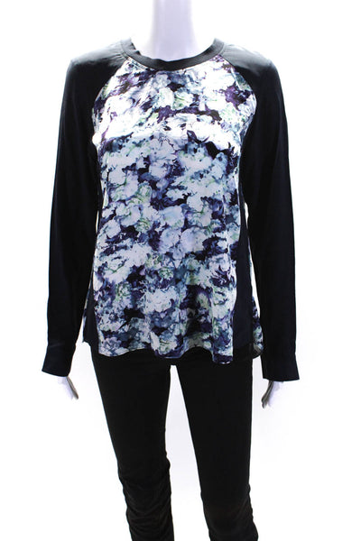 Rebecca Taylor Womens Silk Floral Round Neck Long Sleeve Blouse Top Navy Size 4