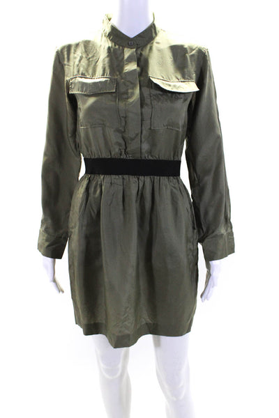 Theory Womens Silk Blend High Neck Long Sleeve Button Up Dress Green Size 2