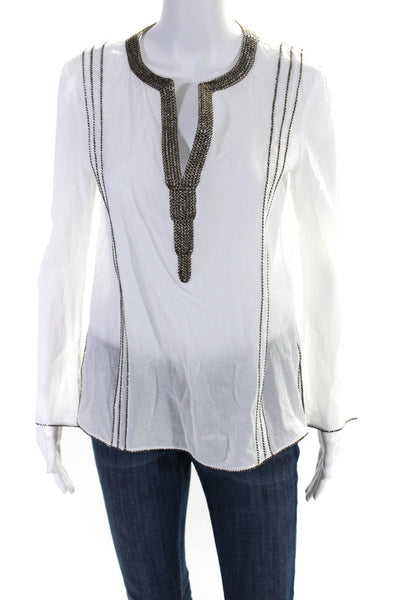 Tory Burch Women's Round Neck Long Sleeves Glitter Trim Blouse White Size S