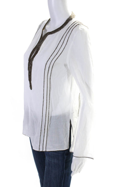 Tory Burch Women's Round Neck Long Sleeves Glitter Trim Blouse White Size S