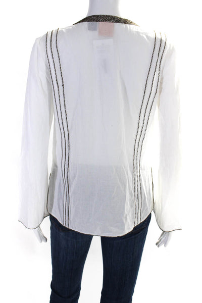 Tory Burch Women's Round Neck Long Sleeves Glitter Trim Blouse White Size S