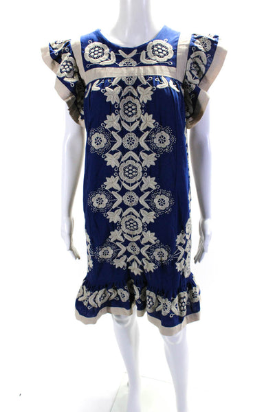 Sea Women's Round Neck Ruffle Sleeves Embroidered Tiered Mini Dress Size L