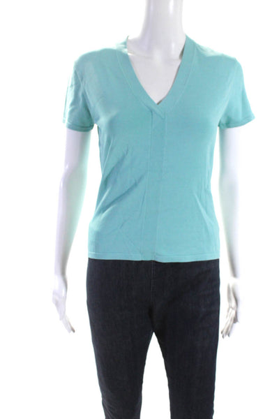 Lafayette 148 New York Womens Knit Short Sleeve V Neck Top Blouse Blue Medium